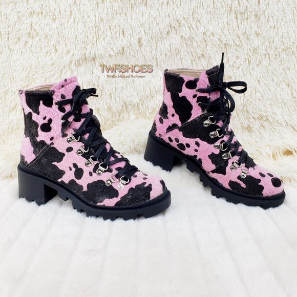 Mata Shoes - Baby Pink Faux Fur Cow Print Lug Sole Emo Ankle boots